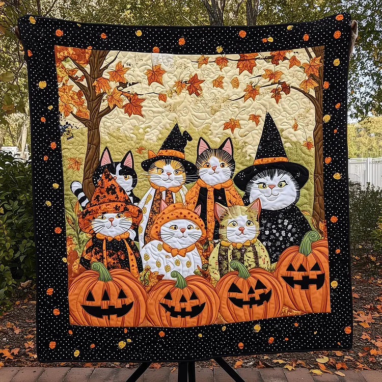 Feline Frights Quilted Blanket Halloween Cats Pumpkins Merch Cool Room Decor Gifts