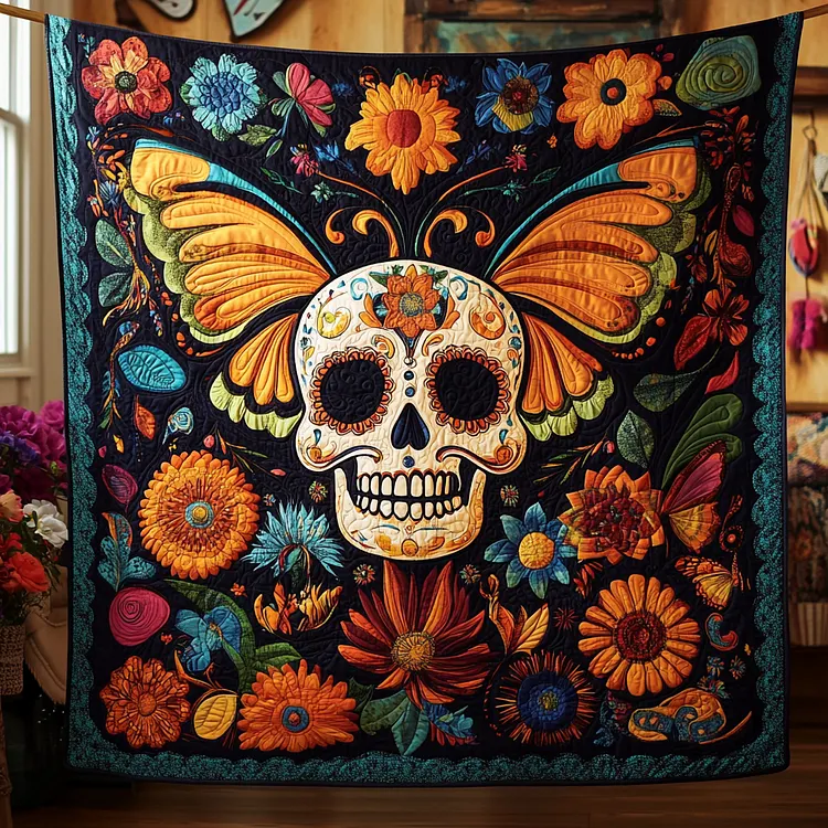 Festive Floral Sugar Skull Quilted Blanket Sugar Skull Butterfly Merch Home Decor Gift Ideas