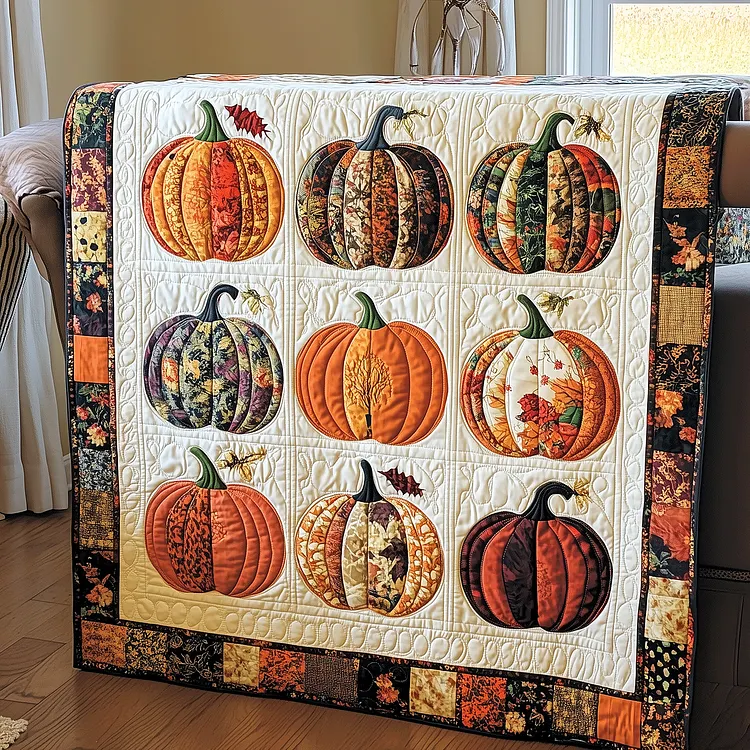 Festive Pumpkin Quilted Blanket Pumpkin Patch Quilt Merch Halloween Gifts For Her