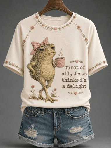 First Of All Jesus Think I'm A Delight T-Shirt Cute Frog Drinking Coffee Shirt Present Ideas