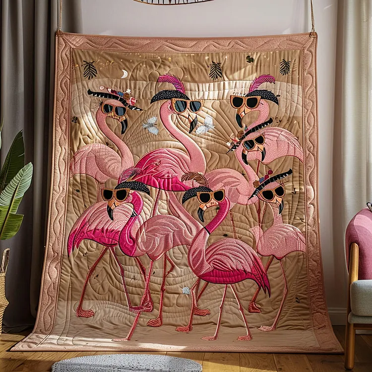 Flamingo Dance Quilted Blanket Flamingo P Sunglasses Merch Home Decor Gift