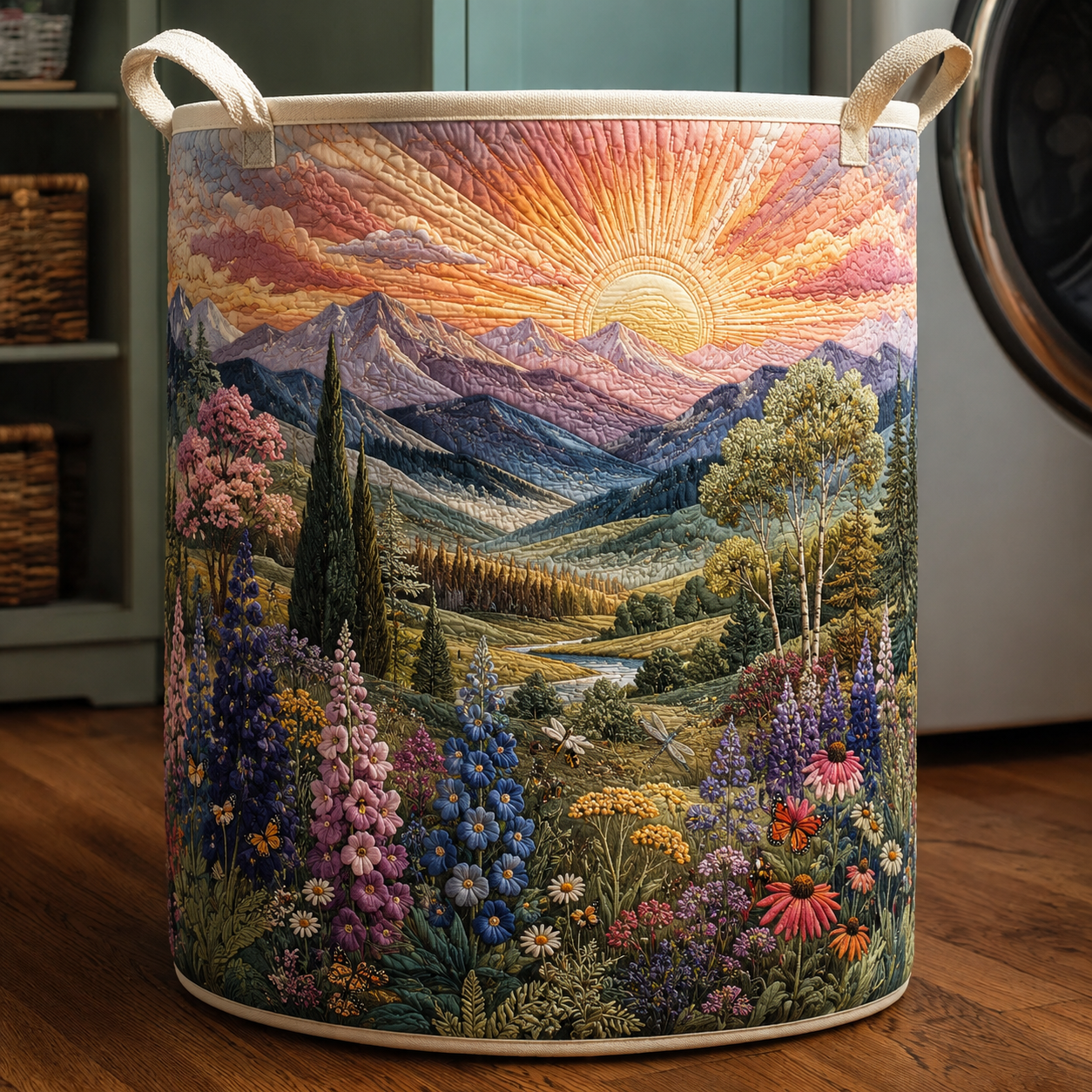 Floral Hill Quilt Laundry Basket Sunset Mountain Storage Bin Gift For Hikers