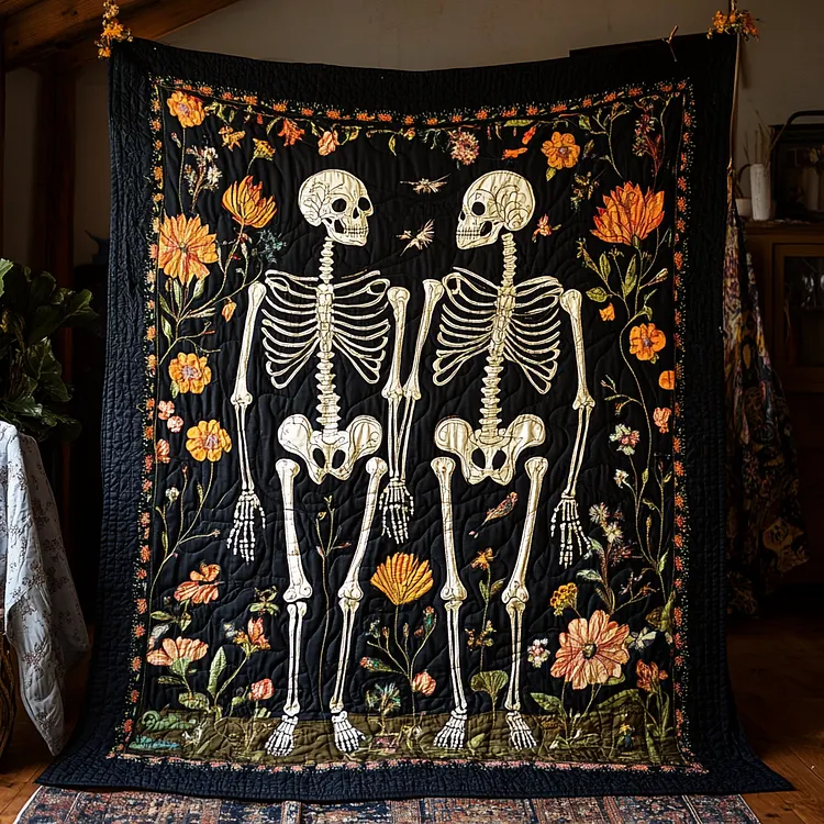 Floral Skeleton Halloween Quilted Blanket Skeleton Couple Halloween Merch Cute Room Decor Finds