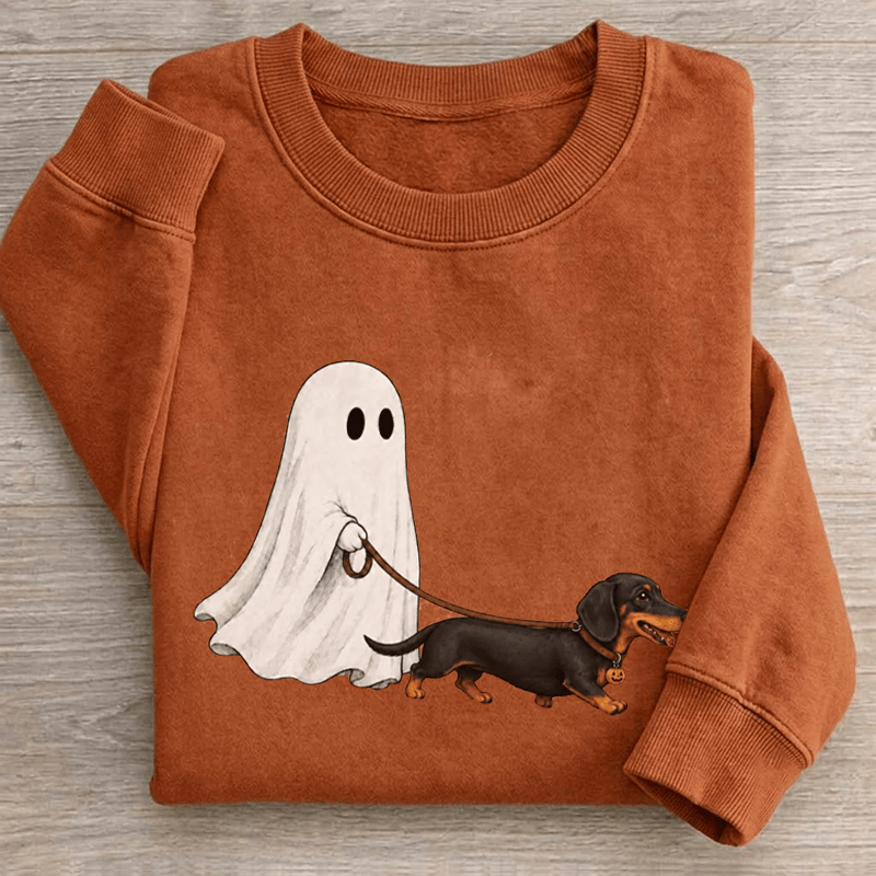 Ghost Walking Dog Sweatshirt Cute Retro Halloween Dachshund Merch Gift For Puppy Parents