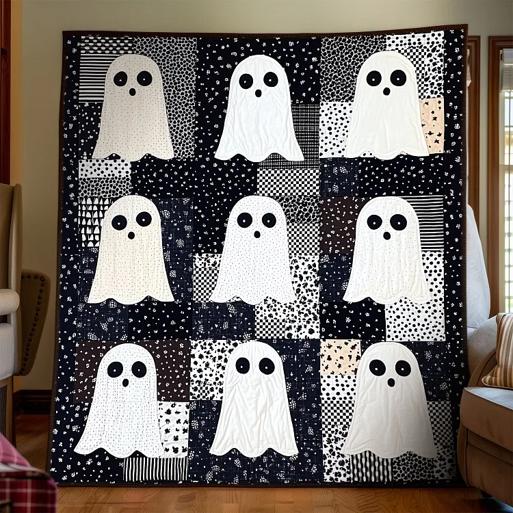 Ghostly Gathering Quilted Blanket Ghost Halloween Quilt Merch Gift For Room Decor