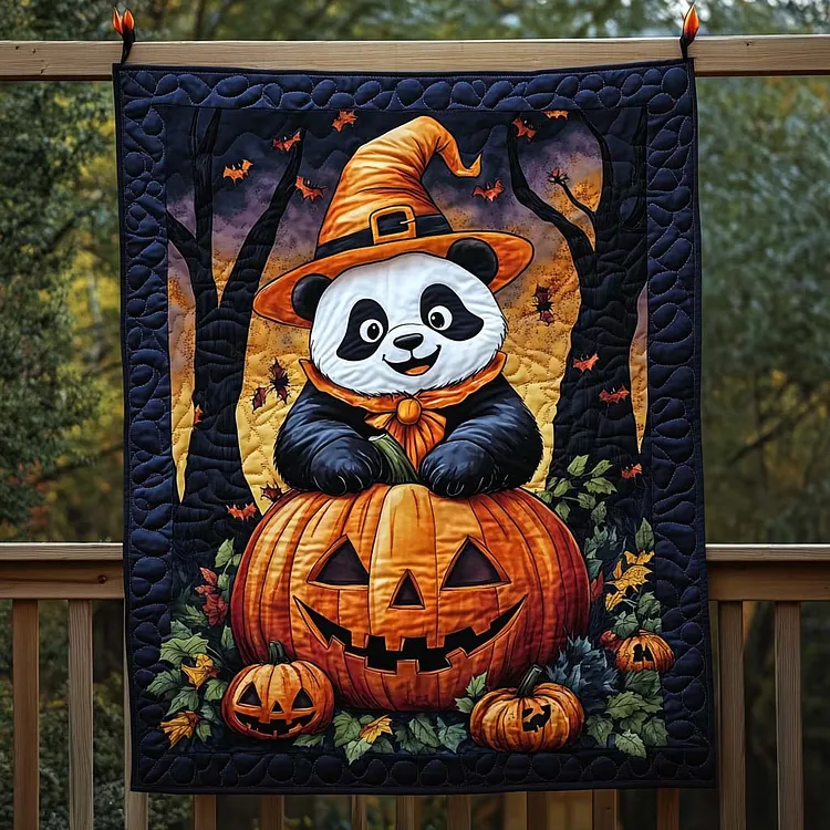 Ghostly Gathering Quilted Blanket Panda Halloween Pumpkin Merch Present For House Lovers