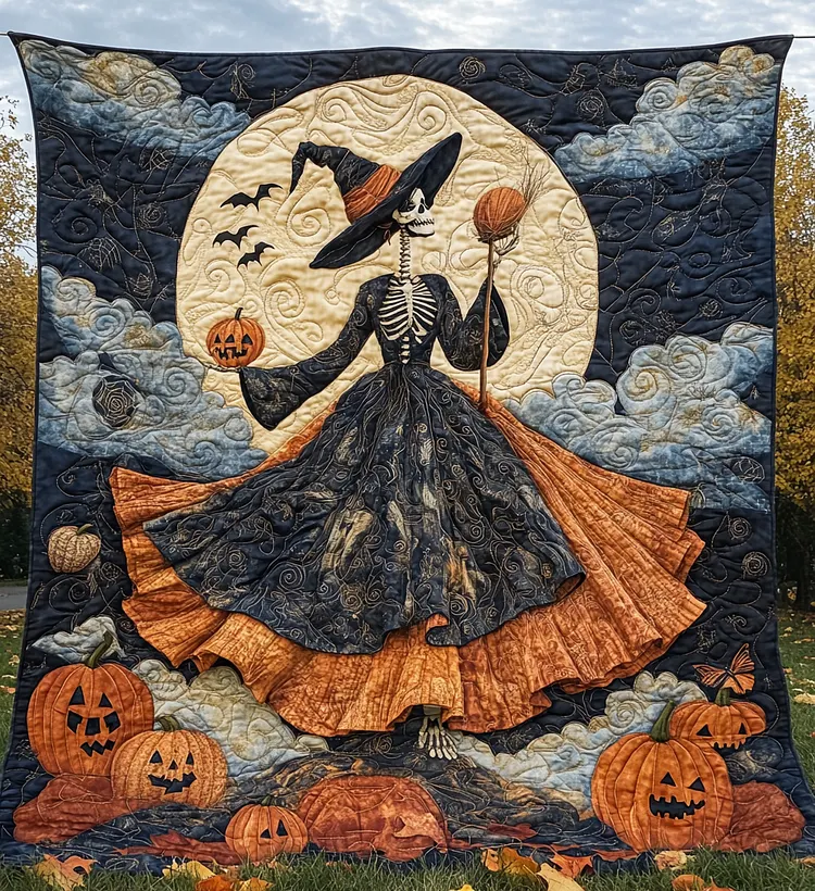 Ghostly Gathering Quilted Blanket Skeleton Witch Moon Merch Trendy Room Decor