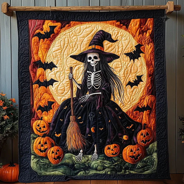 Ghostly Gathering Quilted Blanket Skeleton Witch Pumpkins Merch Spooky Gifts For Him