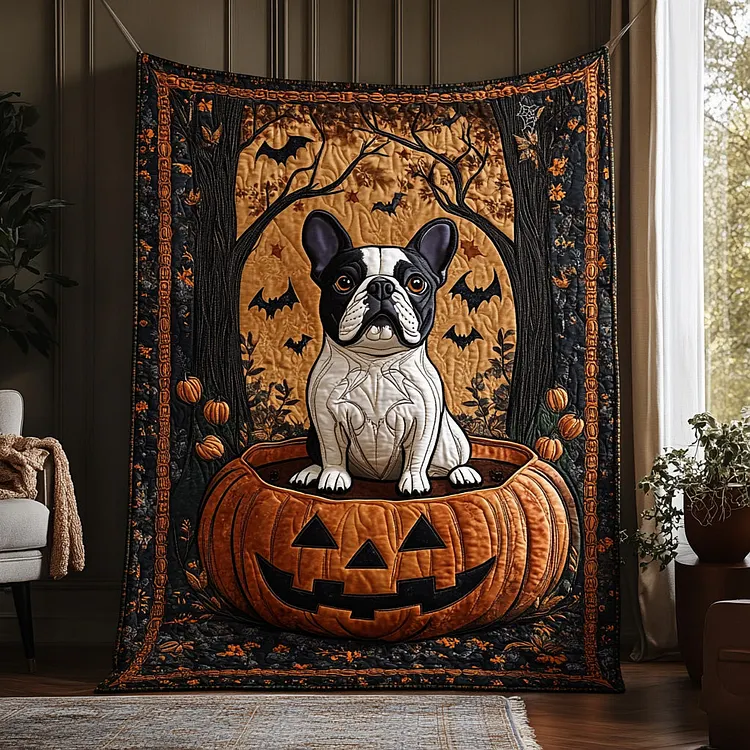 Ghoulie Paws Quilted Blanket French Bulldog Pumpkin Merch Halloween Hostess Gifts