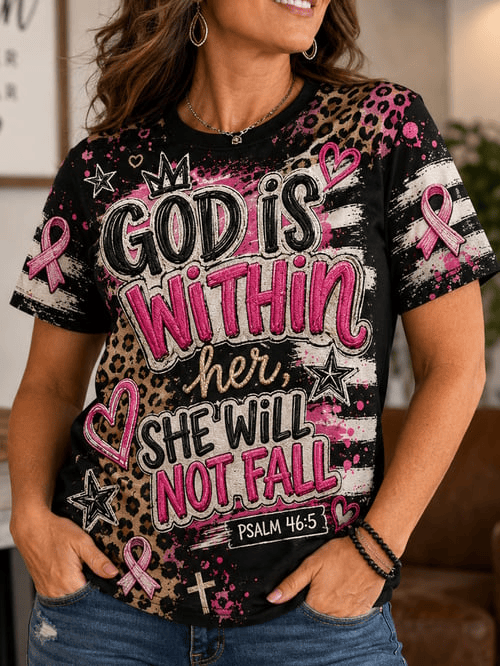 God Is Within Her She Will Not Fall T-Shirt Pink Cross Merch Gift For Religious Girls