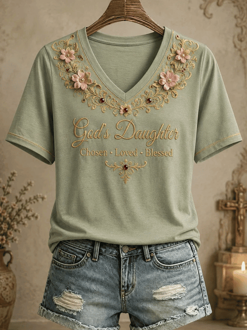 God's Daughter Chosen Loved Blessed V-Neck Shirt Floral Flower Merch Gift For Her