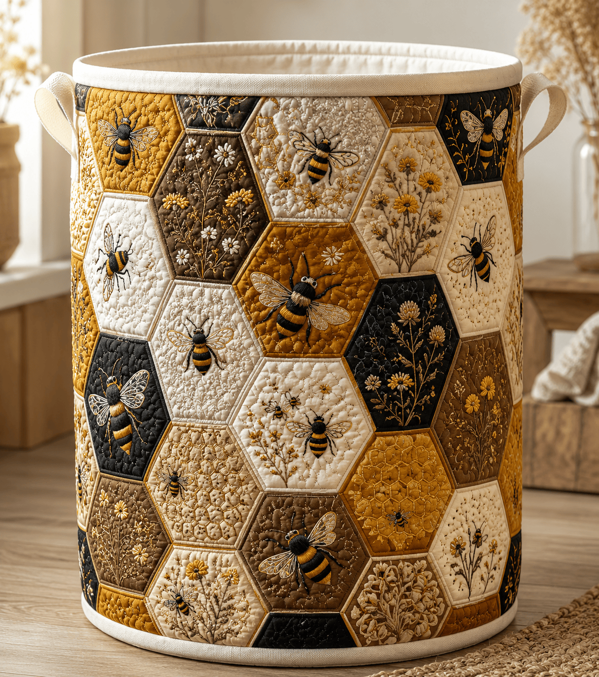 Golden Bee Quilt Laundry Basket Honeycomb Insect Storage Bin Gift For Teachers