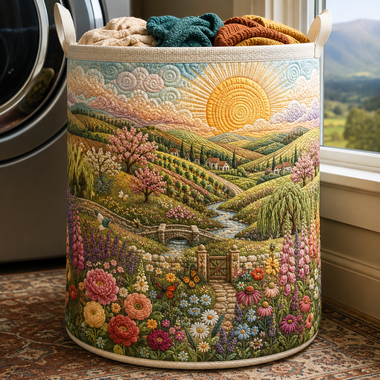 Golden Horizon Quilt Laundry Basket Sun Scenery Storage Bin Gift For Campers