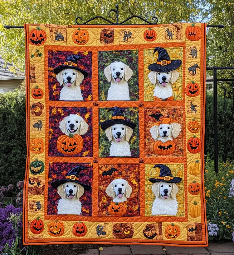 Golden Retriever Bliss Quilted Blanket Halloween Puppies Merch Unique Housewarming Gift Ideas