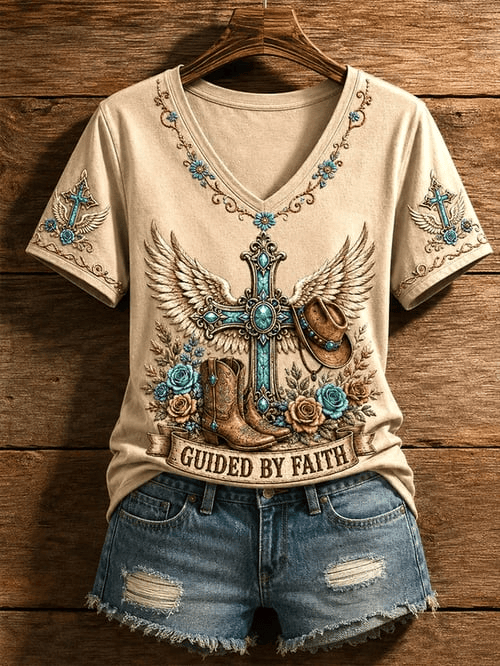 Guided By Faith Western Turquoise Cross V-Neck Shirt Cowgirl Boots Clothes Gift For Girls