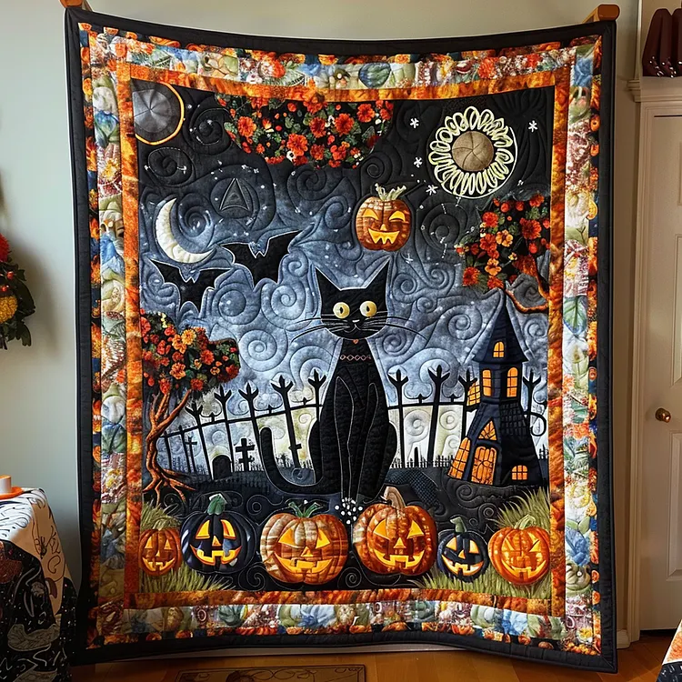Halloween Black Cat Quilted Blanket Black Cat Pumpkins Merch Gift For Home Decorators