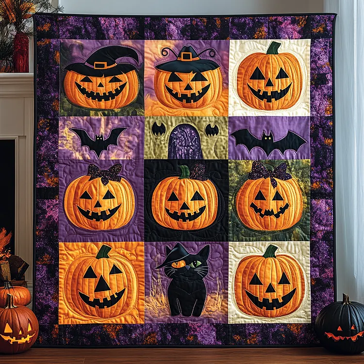 Halloween Cat Magic Quilted Blanket Halloween Pumpkins Cats Merch Gift For Home Decor