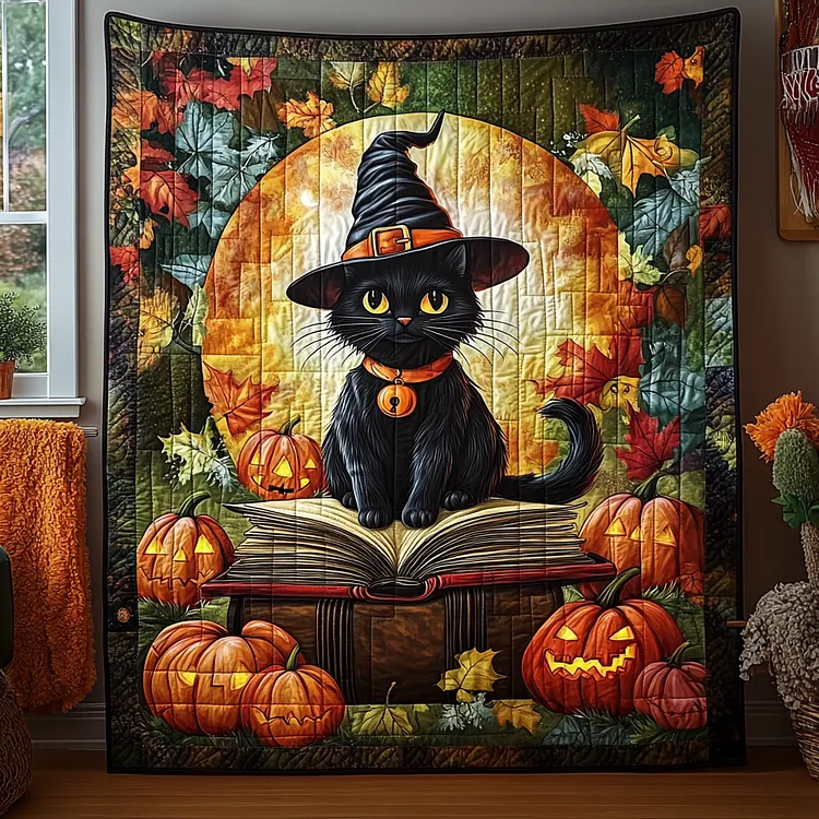 Halloween Cat Quilted Blanket Black Cat Halloween Merch Gift For House Lover