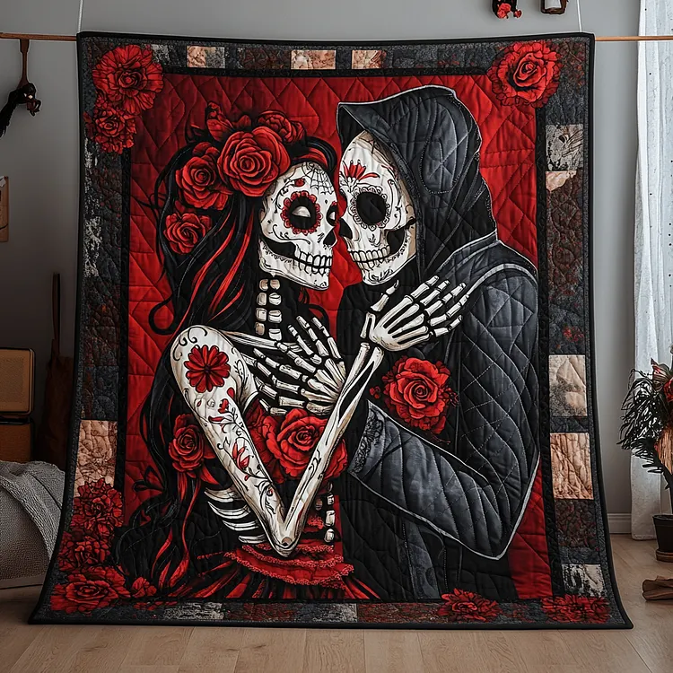 Halloween Couple Quilted Blanket Sugar Skull Couple Merch Halloween Gifts For Husband