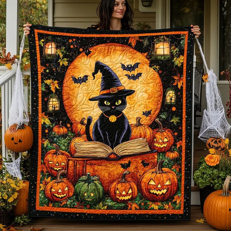 Halloween Feline Quilted Blanket Black Cat Halloween Merch Unique Decor Gift