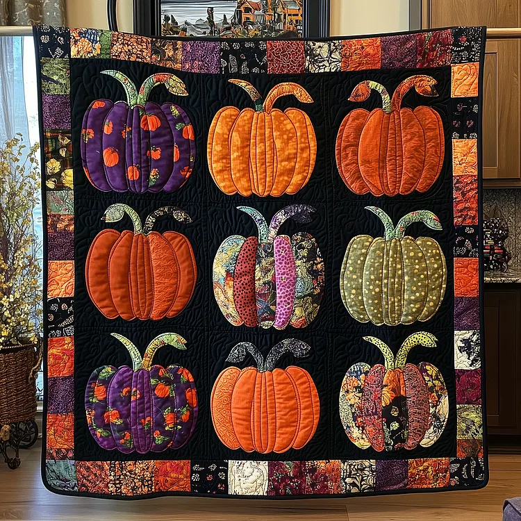 Halloween Harvest Quilted Blanket Pumpkin Patch Quilt Merch Unique Halloween Gifts