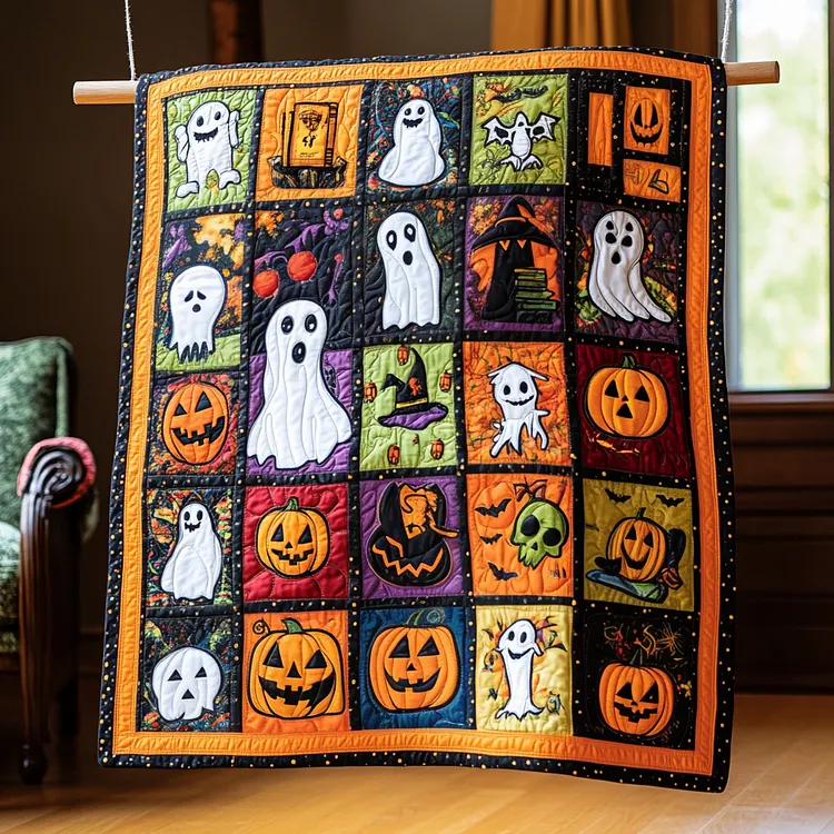 Halloween Quilted Blanket Skeleton Witch Moon Merch Home Decor Gift