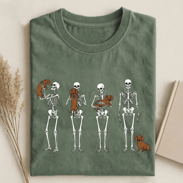 Halloween Skeleton Playing With Dachshund Dogs T-Shirt Dachshund Merch Gift For Dog Lovers