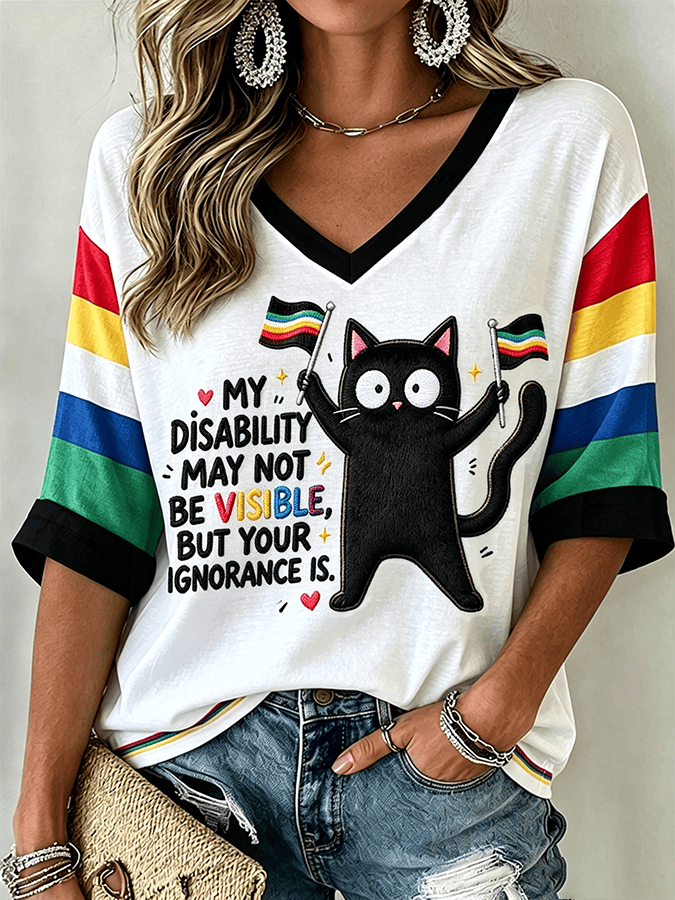 Happy Disability Pride Month Cropped V-Neck Shirt My Disability May Not Be Visible Clothes Gift