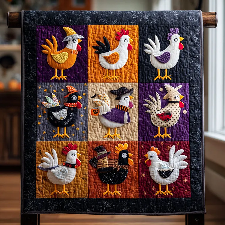 Harvest Hens Quilted Blanket Halloween Chickens Merch Best Housewarming Gift Ideas