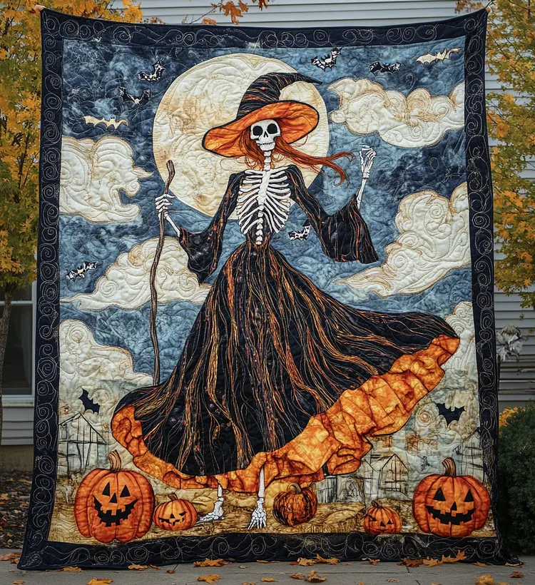 Haunted Harvest Quilted Blanket Skeleton Witch Pumpkins Merch Room Gift For Her