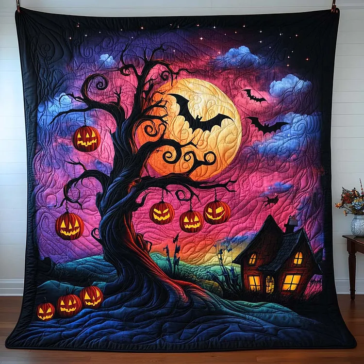 Haunted Moon Tree Quilted Blanket Halloween Bat Moon Merch Gift For Home Decor