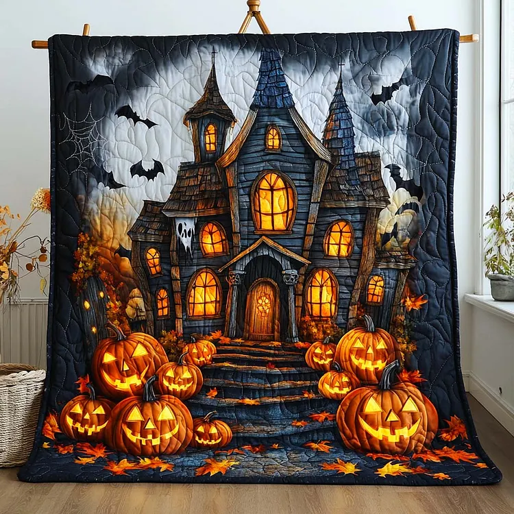 Haunted Pumpkin Manor Quilted Blanket Haunted House Pumpkins Merch Trendy Room Decor Gifts