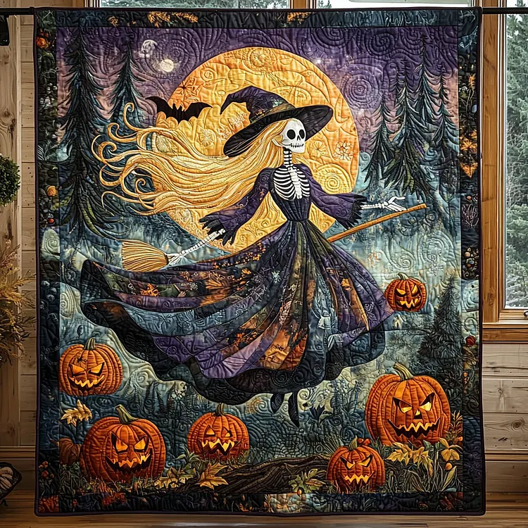 Haunted Threads Quilted Blanket Skeleton Witch Pumpkins Merch Gift For Home Decorators