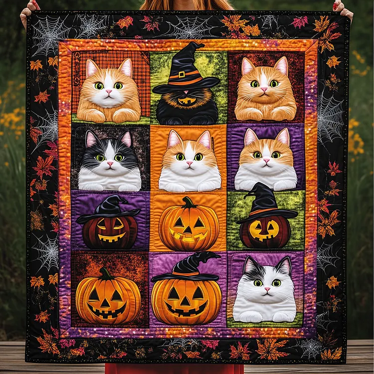 Haunted Whiskers Quilted Blanket Halloween Cats Pumpkins Merch Gifts For Room Decor