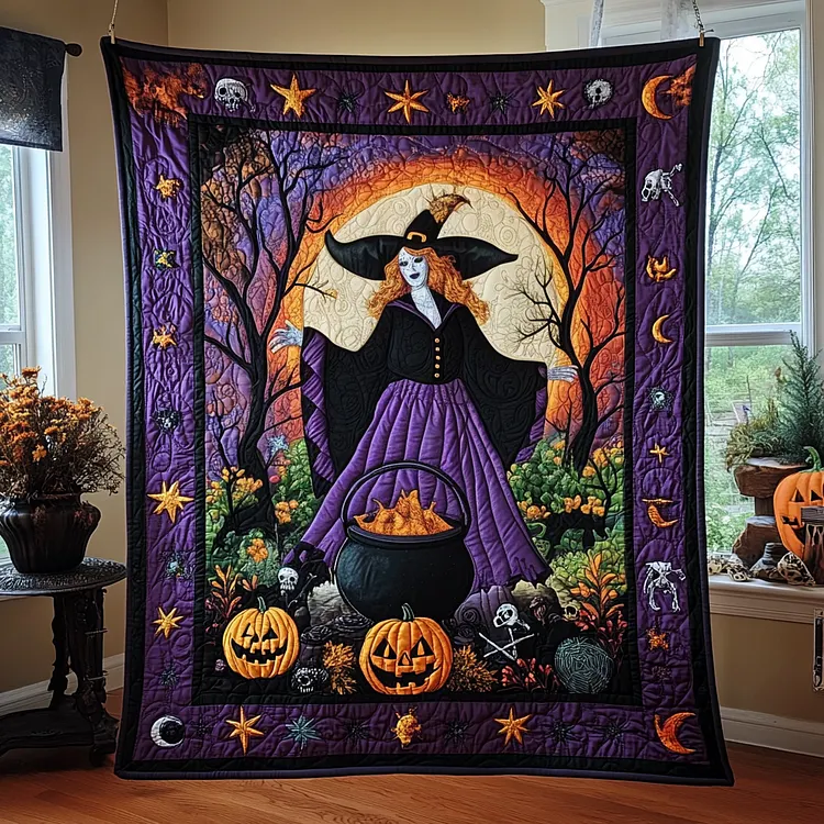 Haunting Halloween Spooky Twist Quilted Blanket Witch And Pumpkins Merch Funny Halloween Gifts