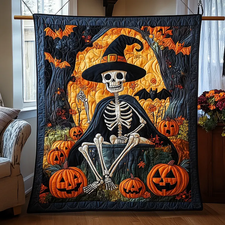 Haunting Twist Halloween Quilted Blanket Skeleton Pumpkin Hat Merch Present For New Home
