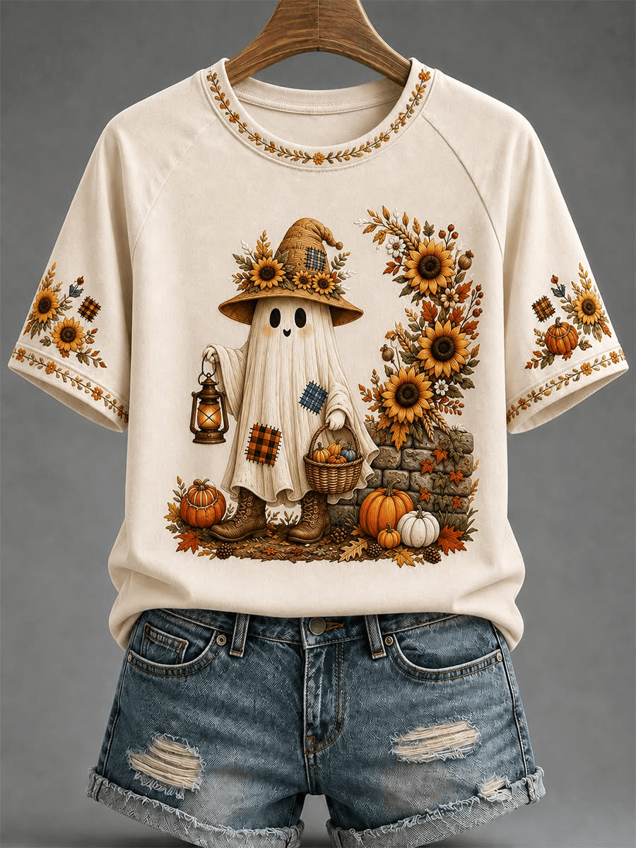 Hello Fall T-Shirt Cute Ghost Halloween Sunflower Shirt Gifts For Fans