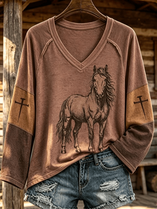 Horse Portrait V-Neck Long Shirt Country Style Cross Clothes Gift For Cowgirls
