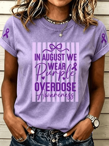 In August We Wear Purple Overdose Awareness T-Shirt Month Purple Ribbon Shirt Gifts For Fans