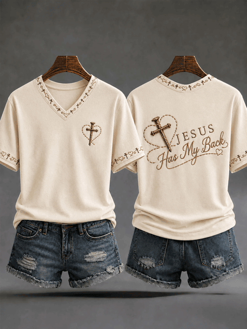 Jesus Has My Back V-Neck Shirt Faith Heart Clothes Gift For Christian Women