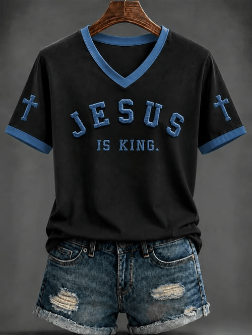 Jesus Is King Contrast Border V-Neck T-Shirt Jesus Merch Blessed Religious Faith Gift