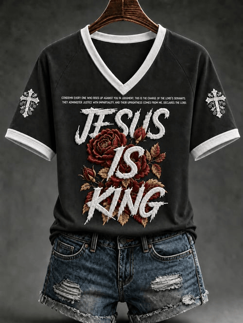 Jesus Is King V-Neck Shirt Roses Graphic Apparel Gift For Christian Men