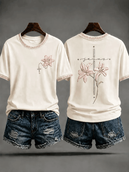 Jesus Lily Flower Cross T-Shirt Jesus Merch Gift For Christian Fans