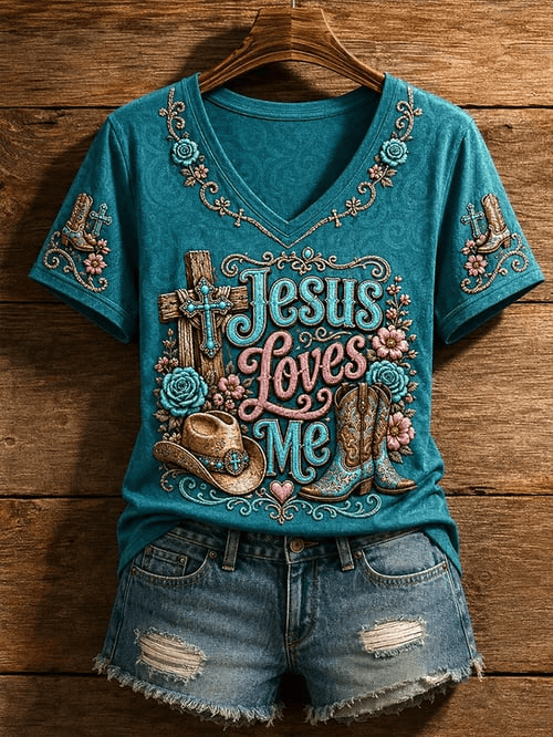 Jesus Loves Me Floral V-Neck T-Shirt Jesus Merch Beautiful Faith Vibe Gift