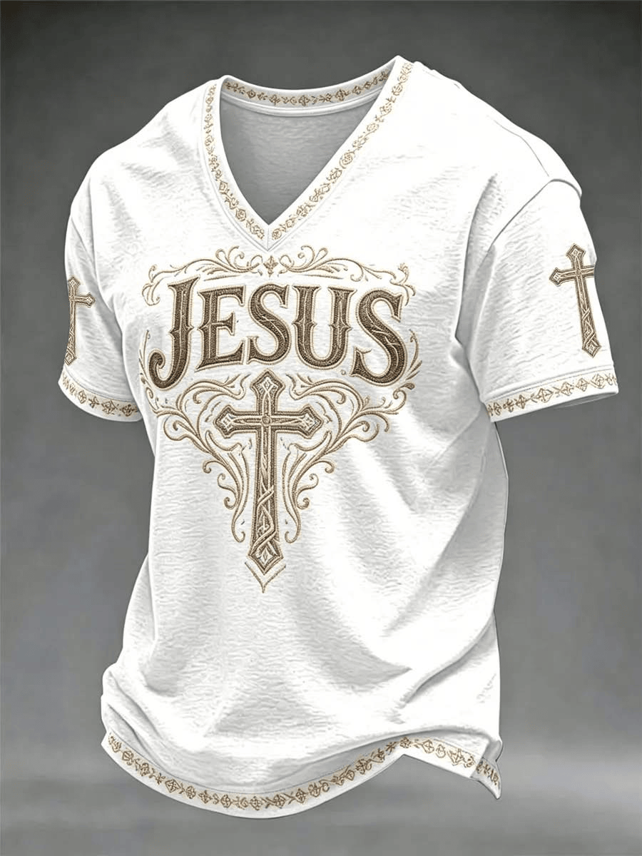 Jesus Ornate Gold Cross V-Neck Shirt Christians Filigree Apparel Gift For Him