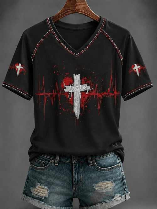 Jesus Red Heart Heartbeat V-Neck Shirt Cross Splatter Graphic Apparel Gift For Devout Believers