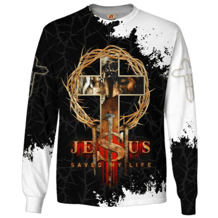 Jesus Saved My Life Long Sleeve Shirt Crown Of Thorns Cross Merch Gift For Faithful Christians
