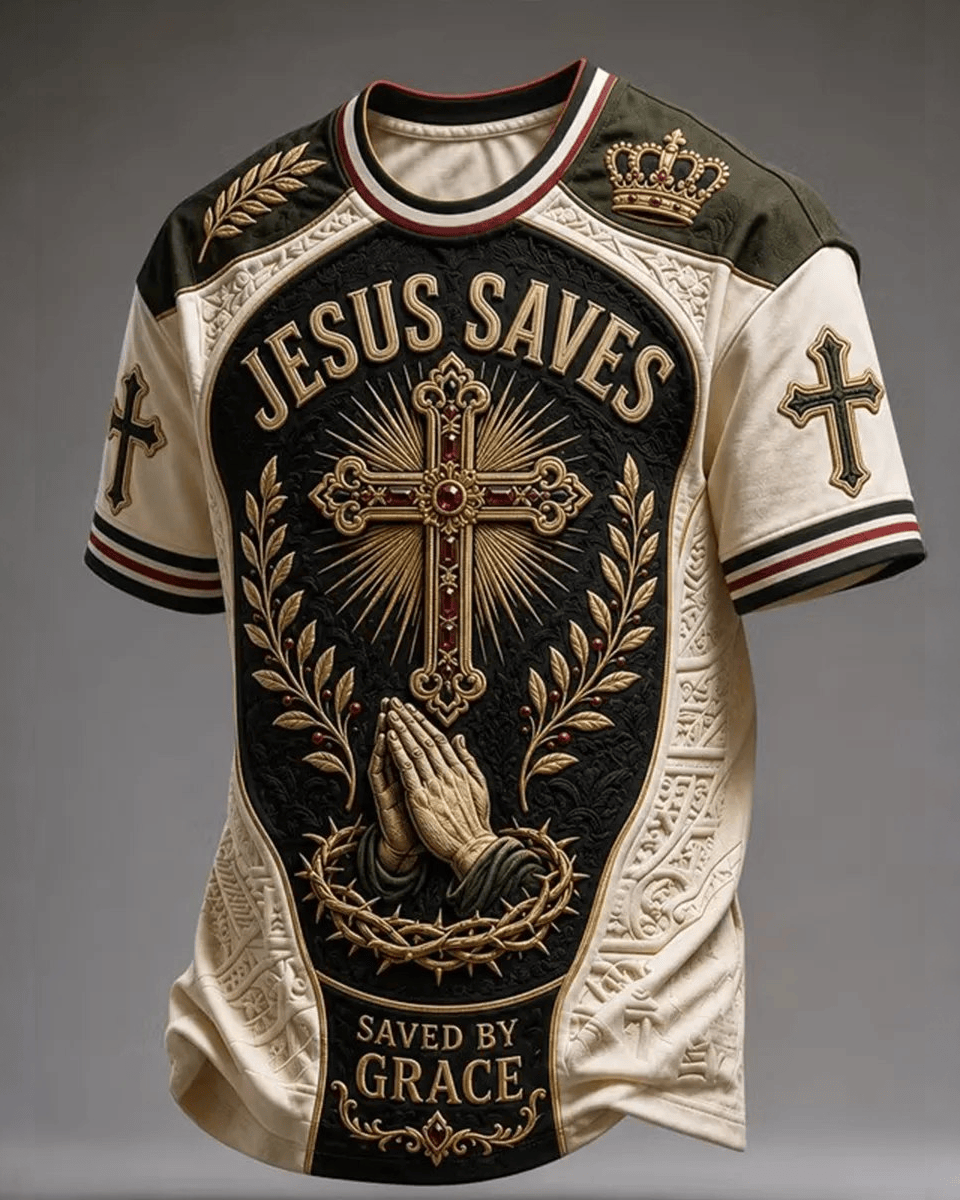 Jesus Saves Cross T-Shirt Crown Thorns Ornate Armor Apparel Gift For Faithful Men