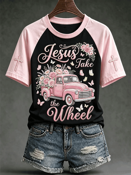 Jesus Take The Wheel Vintage Pink Truck T-Shirt Jesus Merch Gift For Christian Fans