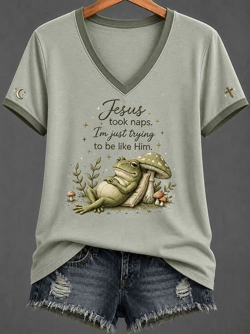 Jesus Took Naps I_m Just Trying To Be Like Him V-Neck Shirt Cute Frog Graphic Apparel Gift Ideas